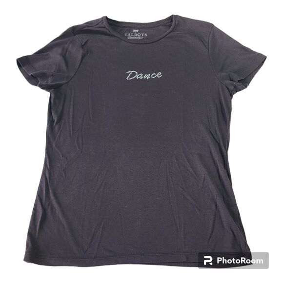 Talbots Pima Cotton DANCE Black T-Shirt Rhinestone Embellished Top Med 90s Y2K - Picture 1 of 7